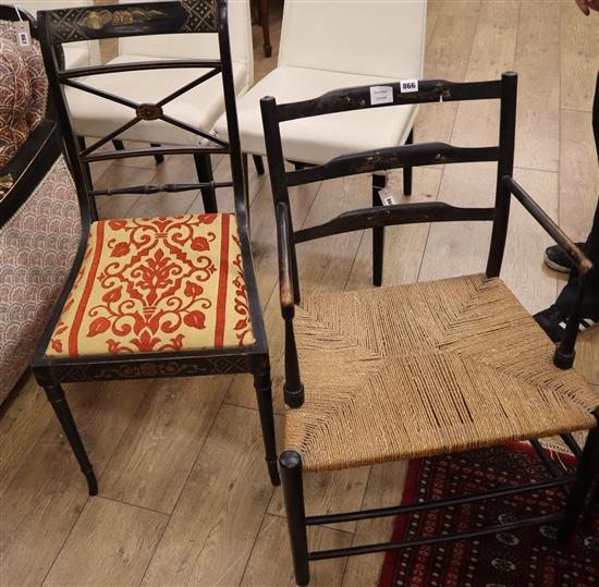 A Regency ebonised Sussex elbow chair and another chair